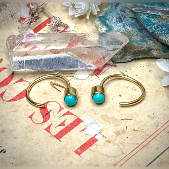 18k Gold Plated Sterling Silver Dry Creek Turquoise Huggie Hoop No Back Earrings - Picture 10 of 11